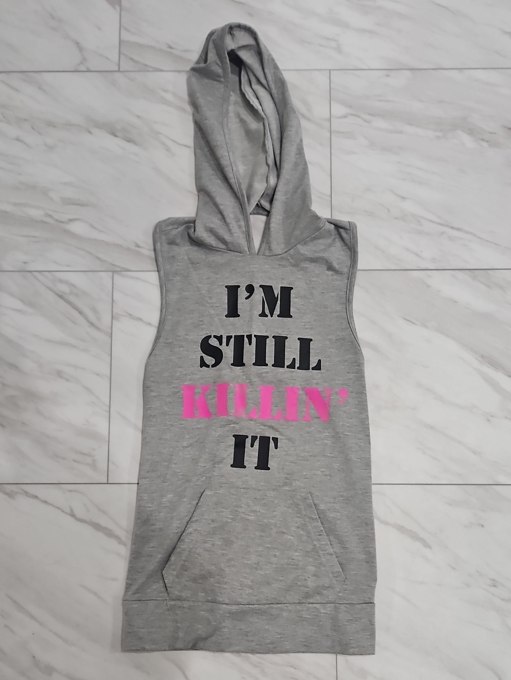 Rue21 Gray Hooded Muscle Tank with Black & Pink Graphic